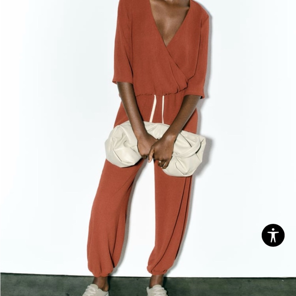 NWT ZARA TEXTURED SURPLUS WRAP TOP & MATCHING JOGGER PANT IN RUST SZ S